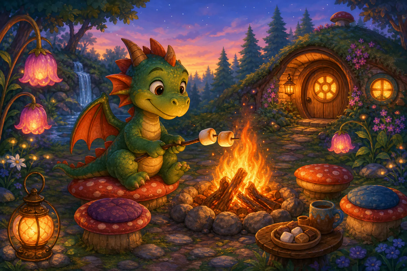 Friendly dragon picnic scene
