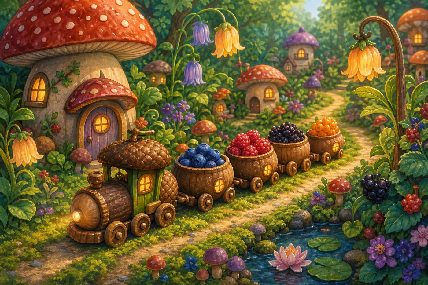 A friendly mushroom train in a fantasy landscape